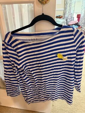 LOFT Blue & White Striped Long Sleeve Top with Lemon Patch